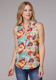 Roper Womens Sleeveless Button Ikat Paisley Print Poly Crepe Blouse - Roper
