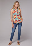 Roper Womens Sleeveless Button Ikat Paisley Print Poly Crepe Blouse - Roper