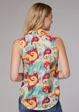 Roper Womens Sleeveless Button Ikat Paisley Print Poly Crepe Blouse - Roper