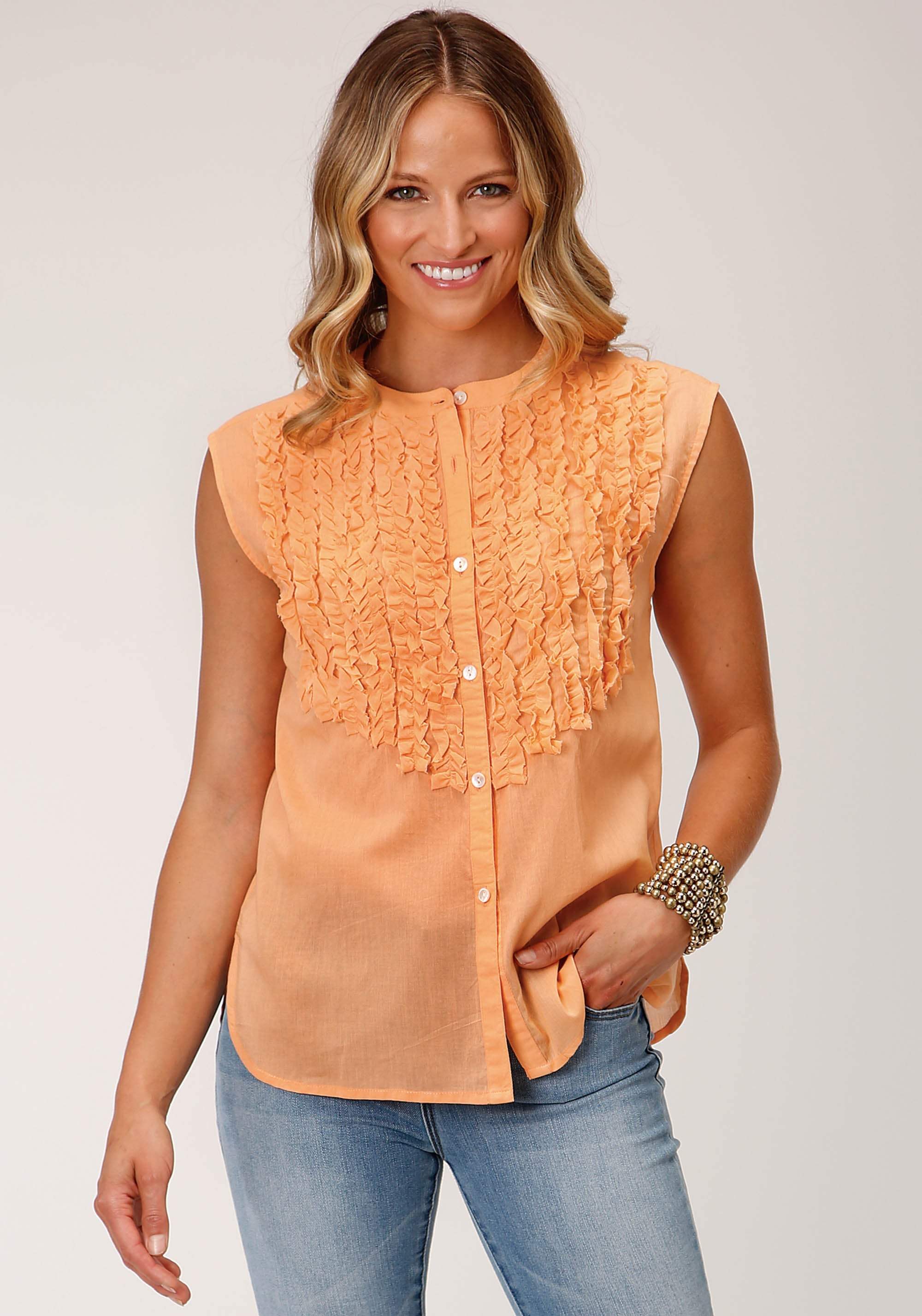 Roper Womens Sleeveless Button Voile Blouse With Tuxedo Ruffles - Roper - Flyclothing LLC