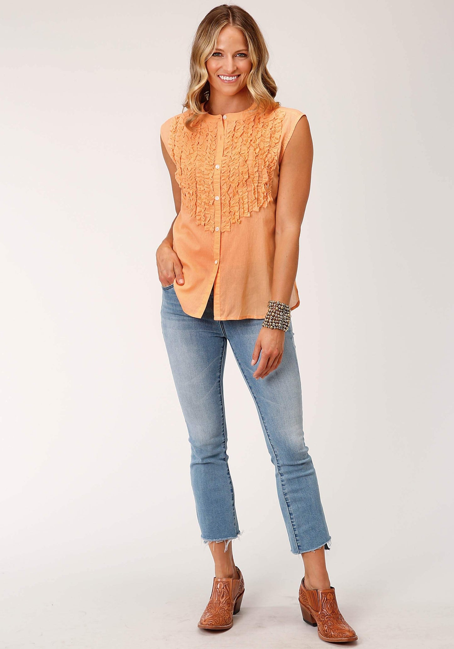 Roper Womens Sleeveless Button Voile Blouse With Tuxedo Ruffles - Roper - Flyclothing LLC
