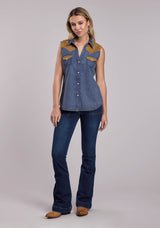 Womens Roper Blue Denim Sleeveless Western Blouse