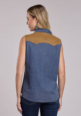 Womens Roper Blue Denim Sleeveless Western Blouse