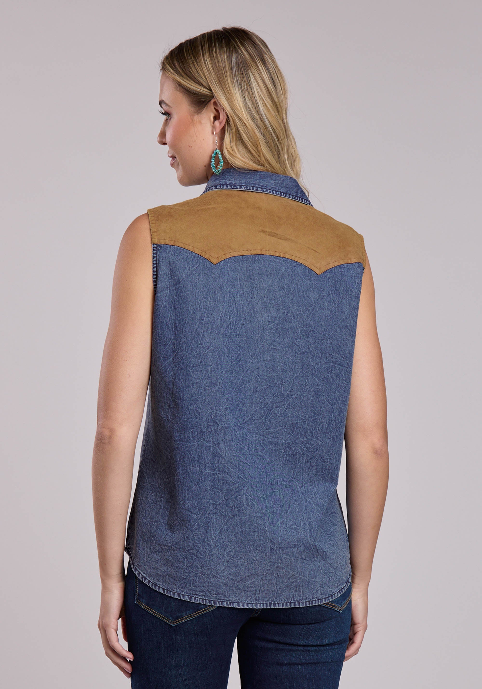 Womens Roper Blue Denim Sleeveless Western Blouse