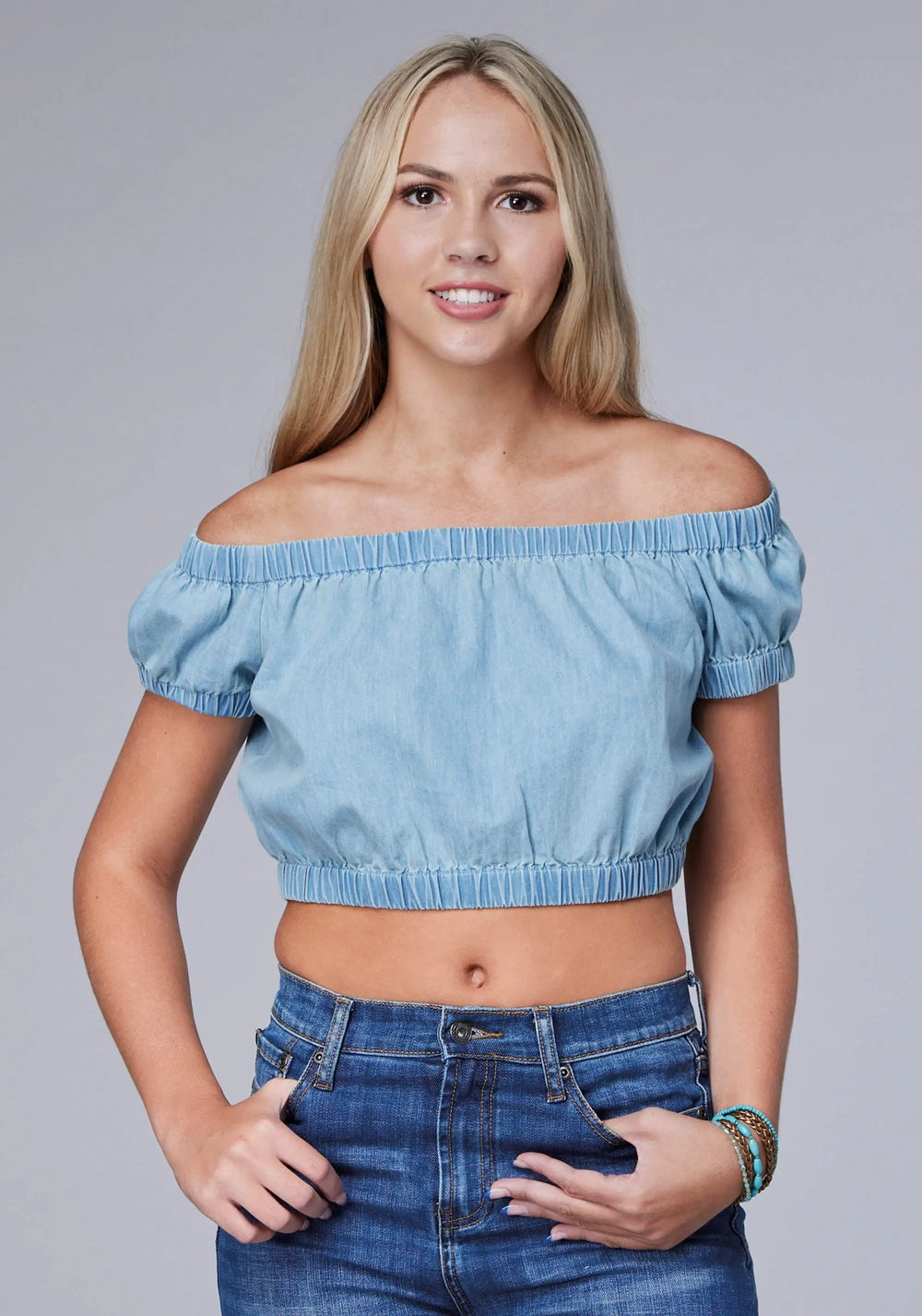 Roper Womens Sleeveless Light Blue Denim Top Twith Elastic Around Neckline Cuff And Hemline - Roper