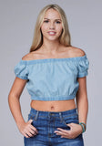 Roper Womens Sleeveless Light Blue Denim Top Twith Elastic Around Neckline Cuff And Hemline - Roper