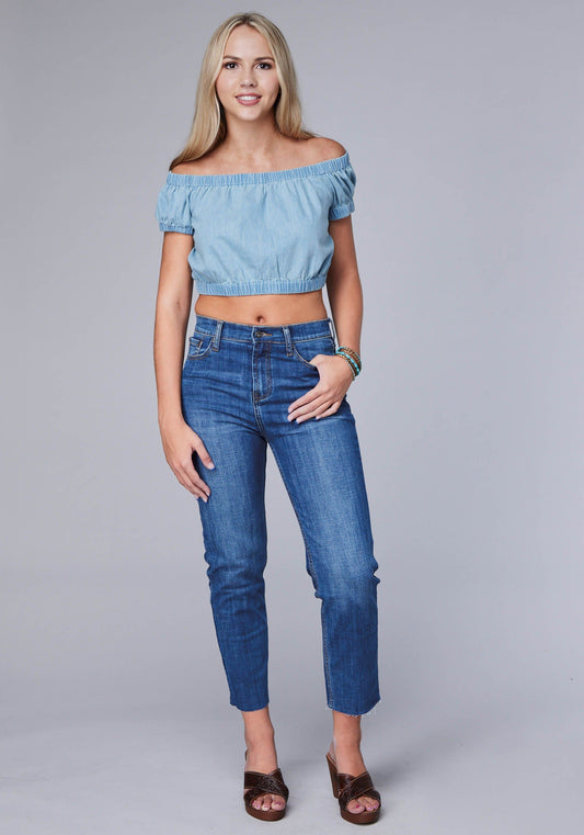 Roper Womens Sleeveless Light Blue Denim Top Twith Elastic Around Neckline Cuff And Hemline - Roper