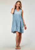 Roper Womens Sleeveless Light Blue Cotton Denim Dress With V Neck 3 Tiers Bodice Embroidery - Roper