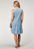 Roper Womens Sleeveless Light Blue Cotton Denim Dress With V Neck 3 Tiers Bodice Embroidery - Roper