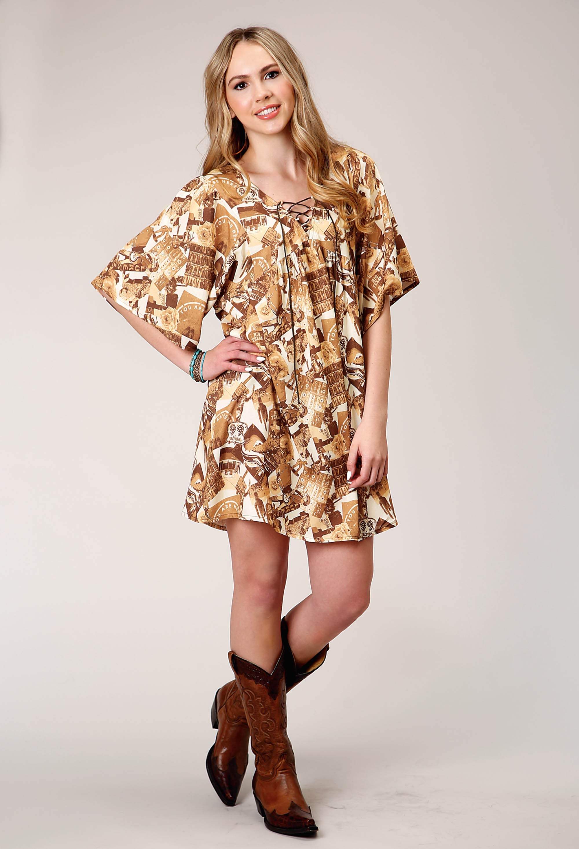 Roper Womens Short Sleeve Collage Print Peasant Dress With Dolman Sleeves Empire Waist - Roper - Flyclothing LLC