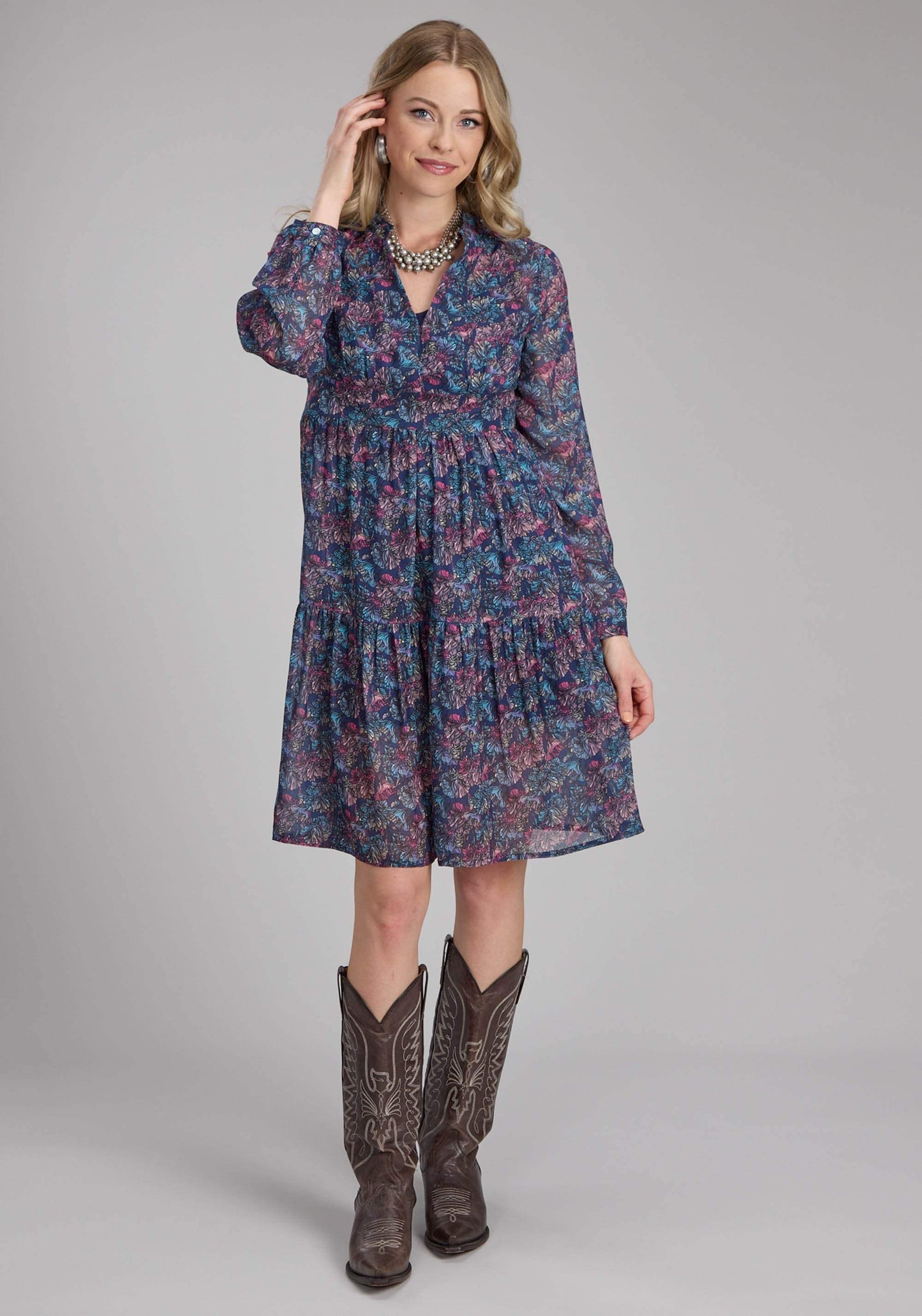 Roper Womens "gem Floral" Print Georgette Long Sleeve Dress Button Dress - Roper - Flyclothing LLC