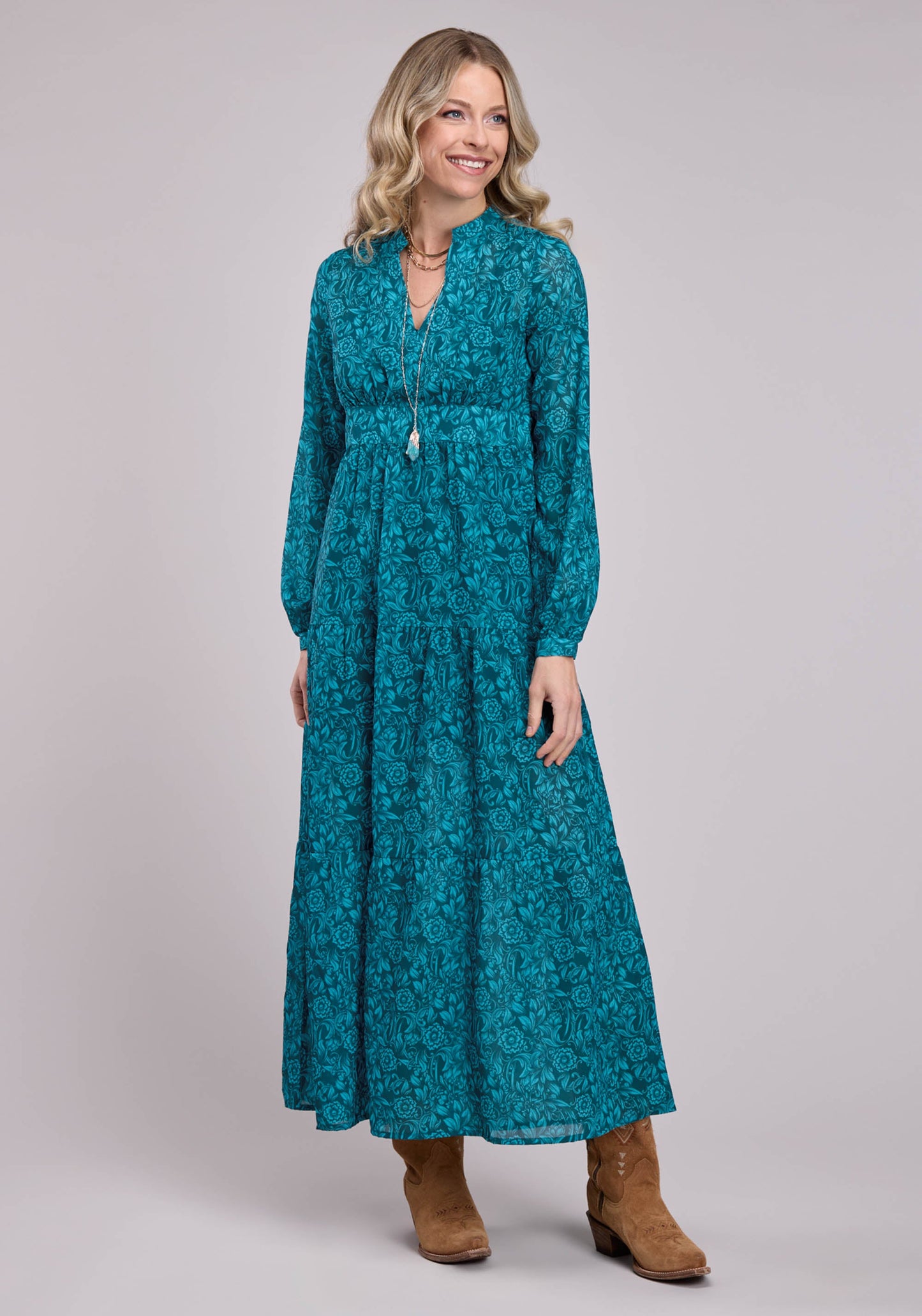 Roper Womens Long Sleeve Dress Button Tooled Floral Print Poly Georgette Western