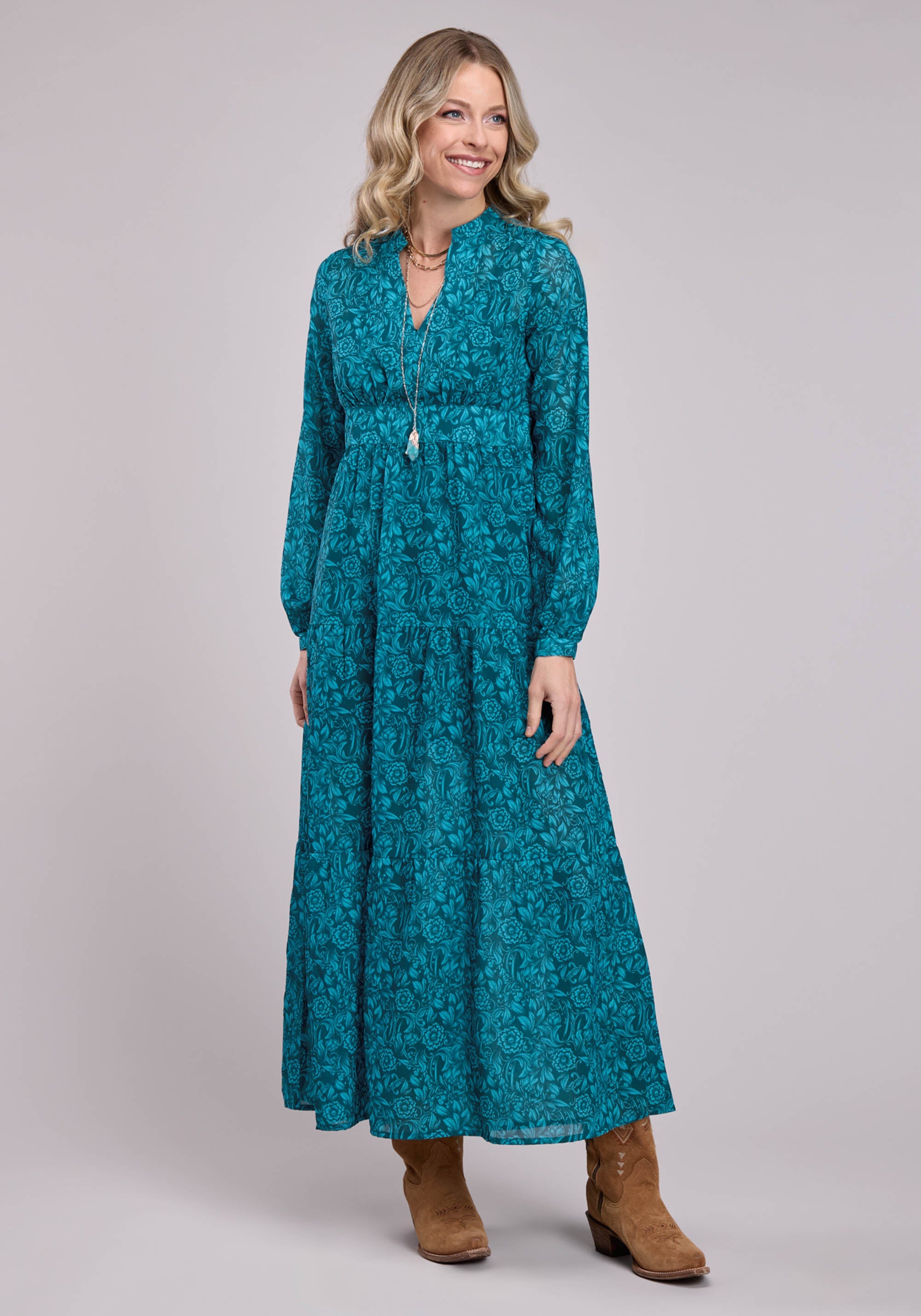 Roper Womens Long Sleeve Dress Button Tooled Floral Print Poly Georgette Western