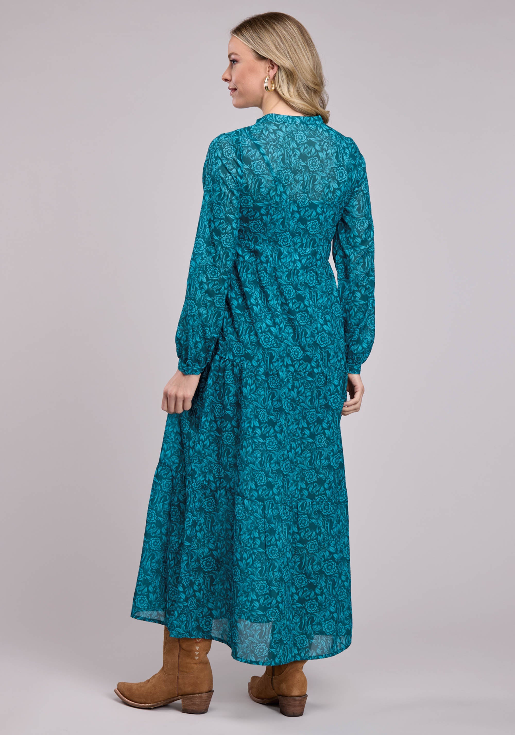 Roper Womens Long Sleeve Dress Button Tooled Floral Print Poly Georgette Western