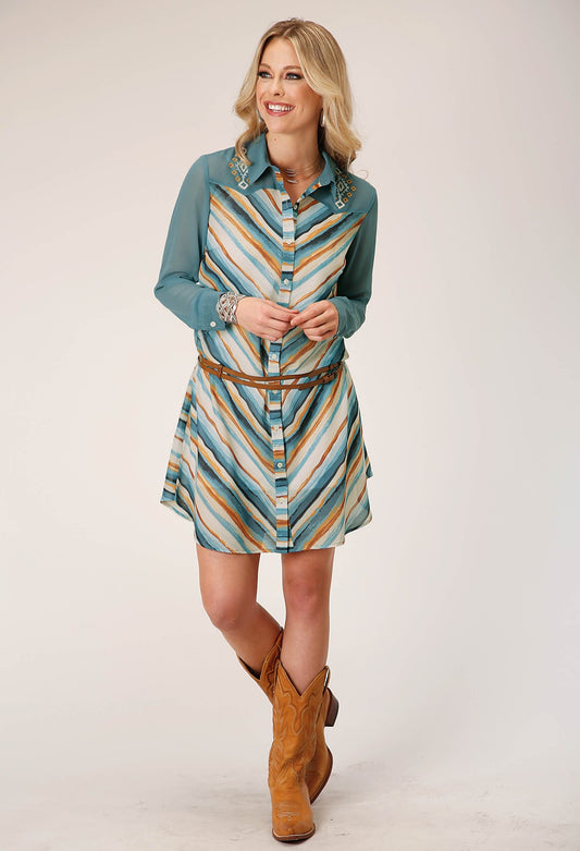 Roper Womens Long Sleeve Watercolor Stripe Print Shirt Dress With Contrast Denim Yokes And Sleeves - Roper