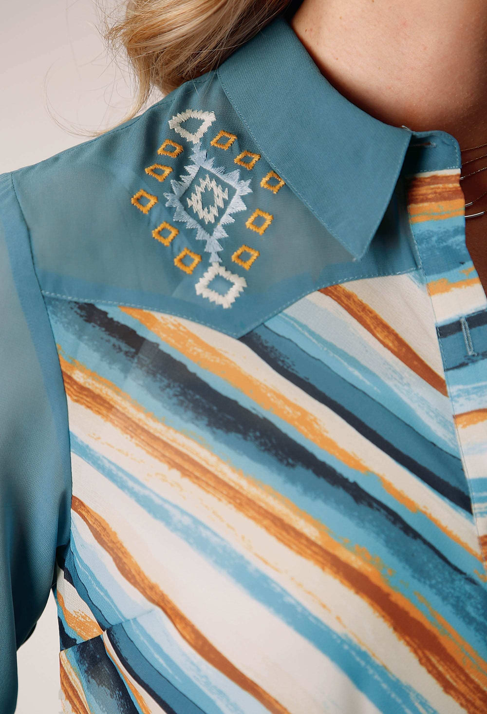 Roper Womens Long Sleeve Watercolor Stripe Print Shirt Dress With Contrast Denim Yokes And Sleeves - Roper - Flyclothing LLC