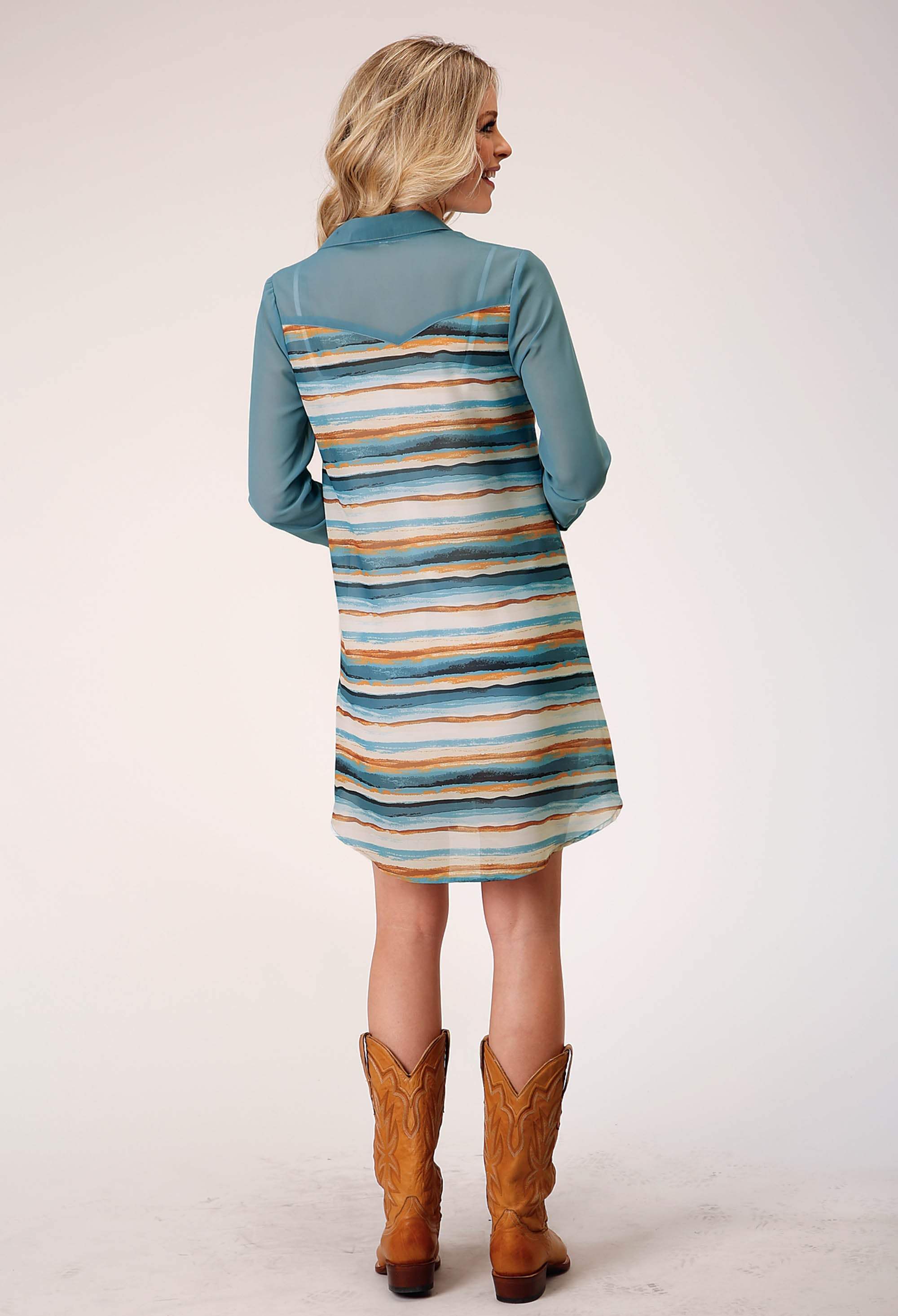 Roper Womens Long Sleeve Watercolor Stripe Print Shirt Dress With Contrast Denim Yokes And Sleeves - Roper - Flyclothing LLC