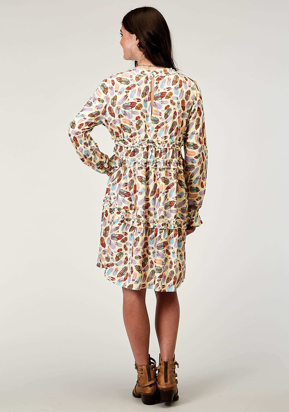 Roper Womens Long Sleeve Feather Toss Printed Rayon Dress With V Neck 2 Tier Sleeve Self Ruffles - Roper - Flyclothing LLC