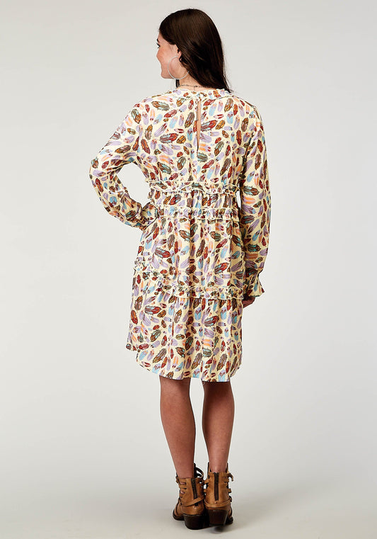 Roper Womens Long Sleeve Feather Toss Printed Rayon Dress With V Neck 2 Tier Sleeve Self Ruffles - Roper