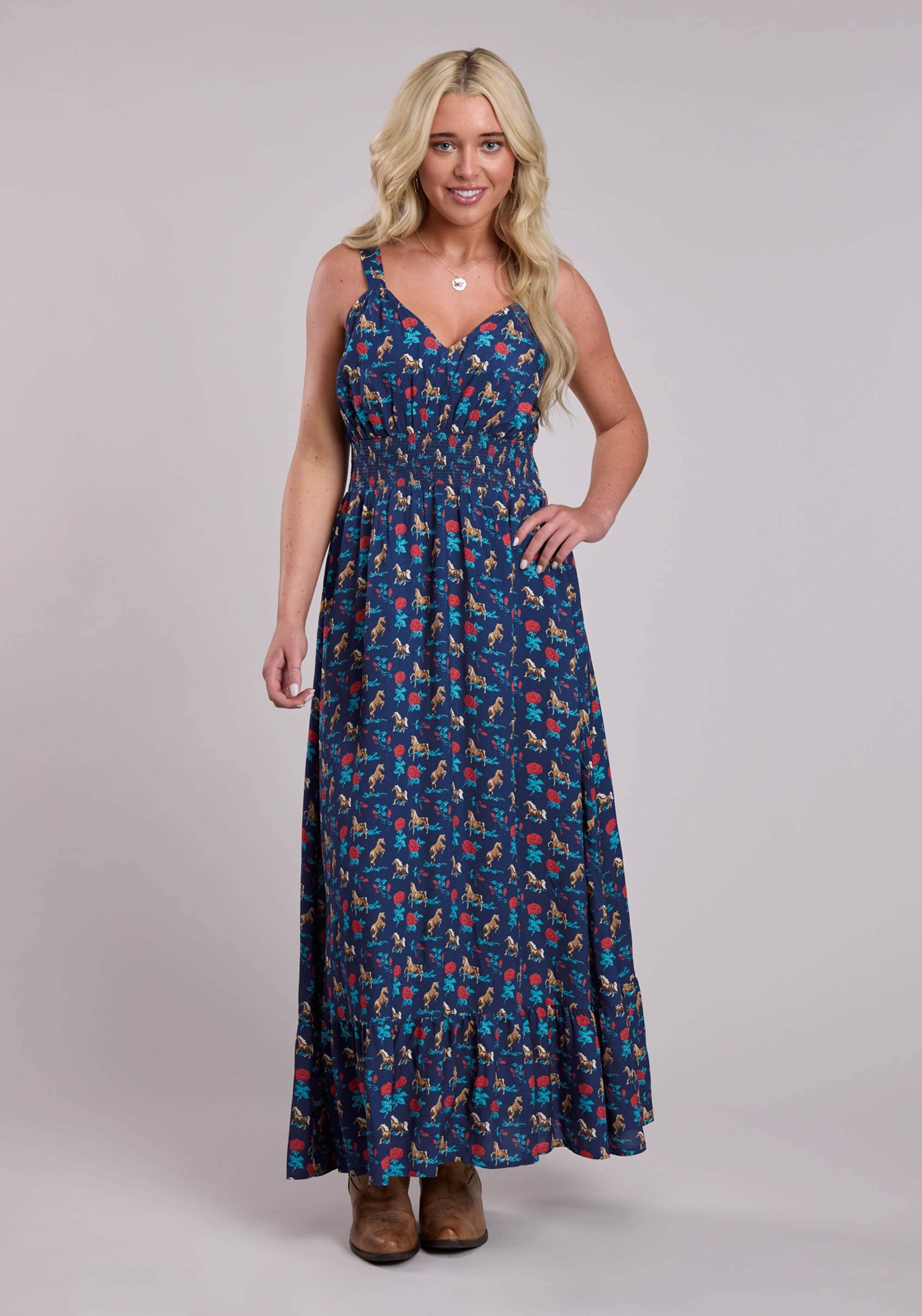 Womens Roper Navy Roses Printed Rayon Sleeveless Dress - Roper - Flyclothing LLC