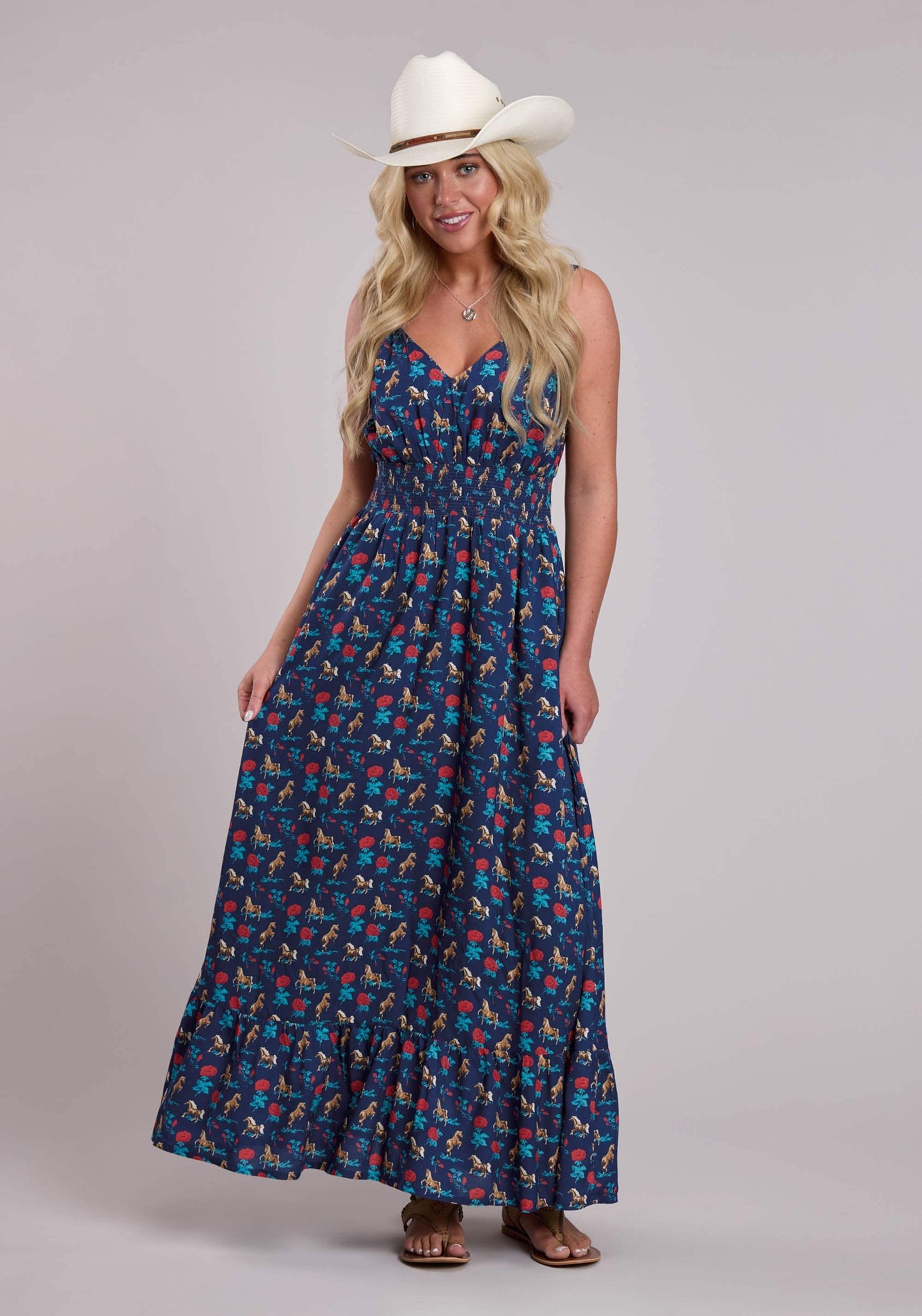 Womens Roper Navy Roses Printed Rayon Sleeveless Dress - Roper - Flyclothing LLC