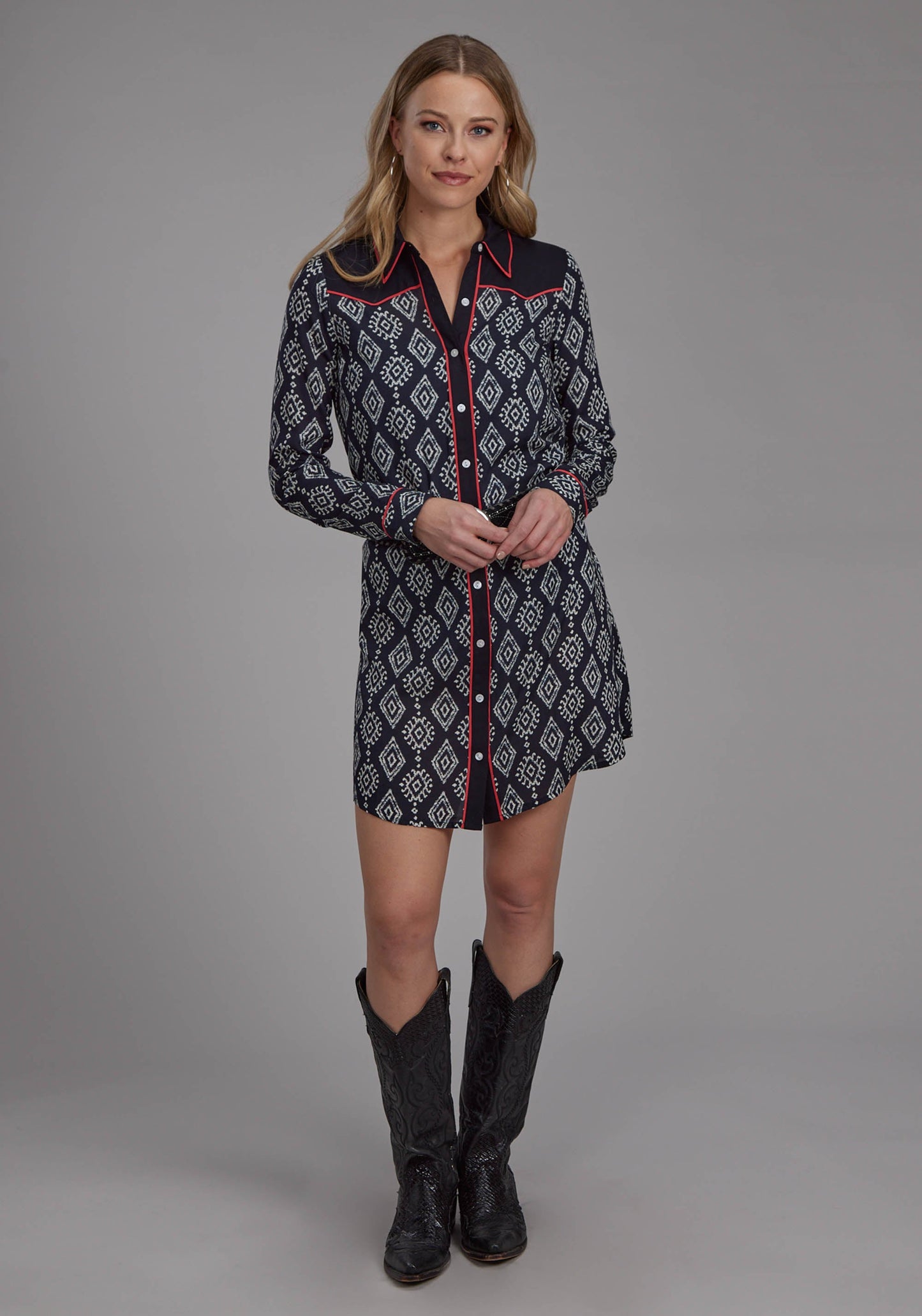 Roper Womens Black Cream Ikat Print Rayon Long Sleeve Dress Button Dre