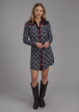 Roper Womens Black Cream Ikat Print Rayon Long Sleeve Dress Button Dre