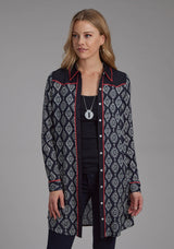 Roper Womens Black Cream Ikat Print Rayon Long Sleeve Dress Button Dress