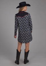 Roper Womens Black Cream Ikat Print Rayon Long Sleeve Dress Button Dress