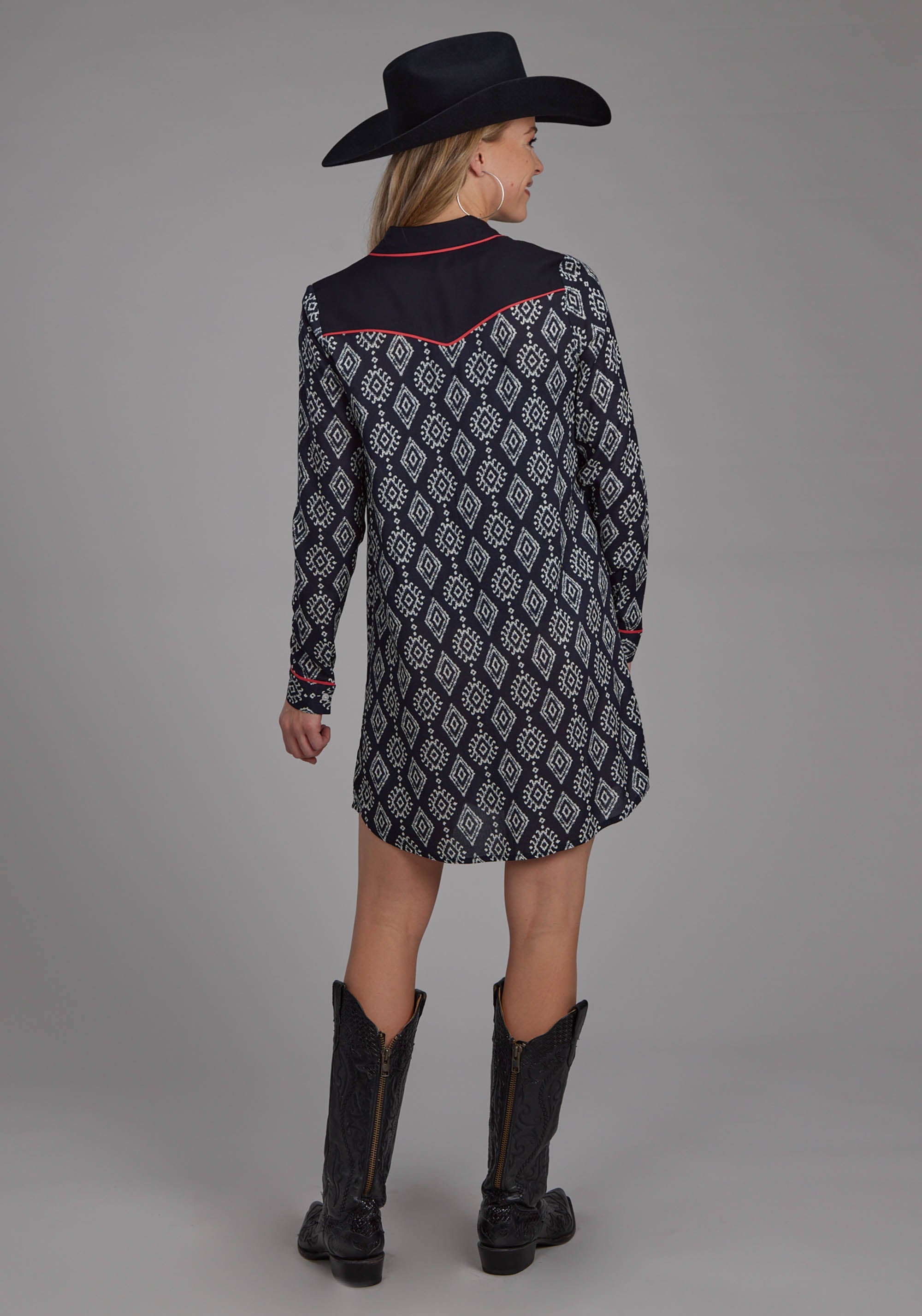 Roper Womens Black Cream Ikat Print Rayon Long Sleeve Dress Button Dress
