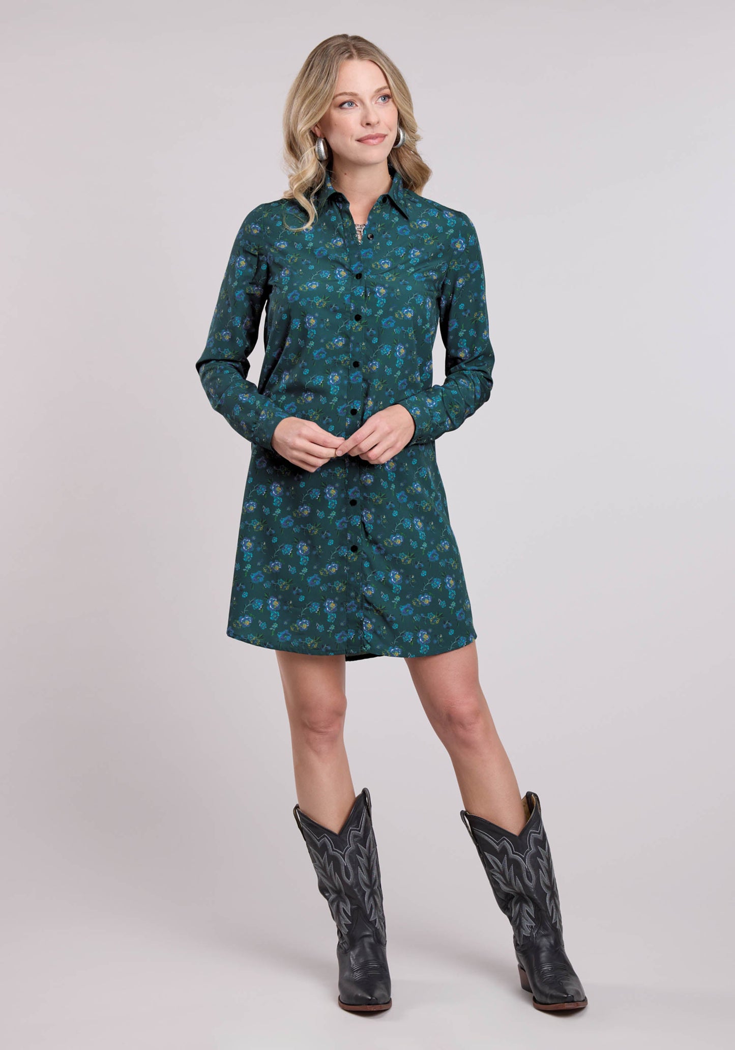 Roper Womens Long Sleeve Dress Button Poly Crepe Teal Faux Embroidered