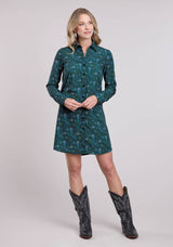 Roper Womens Long Sleeve Dress Button Poly Crepe Teal Faux Embroidered