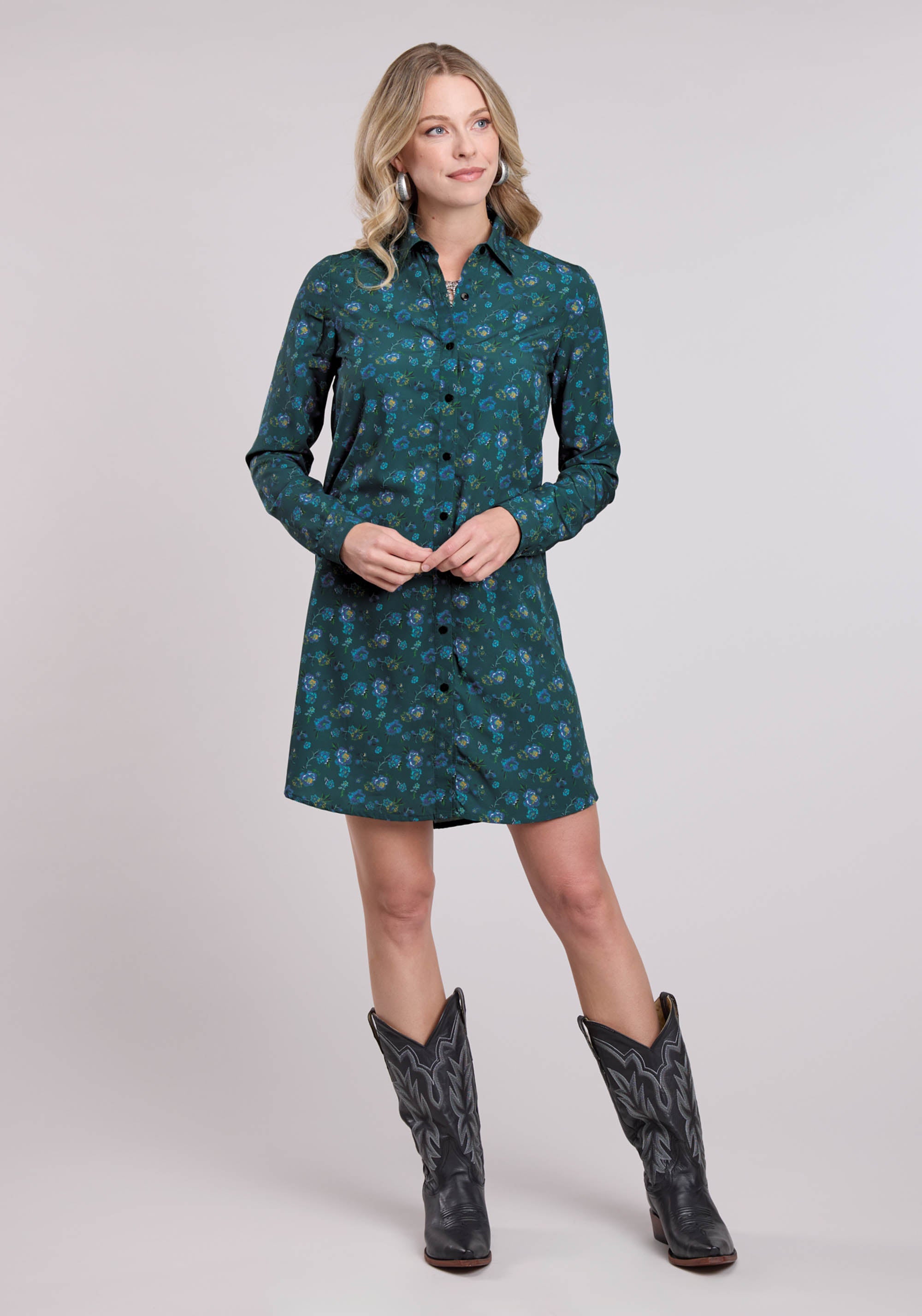 Roper Womens Long Sleeve Dress Button Poly Crepe Teal Faux Embroidered