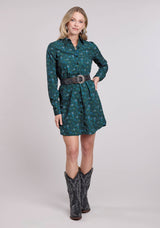 Roper Womens Long Sleeve Dress Button Poly Crepe Teal Faux Embroidered Print West