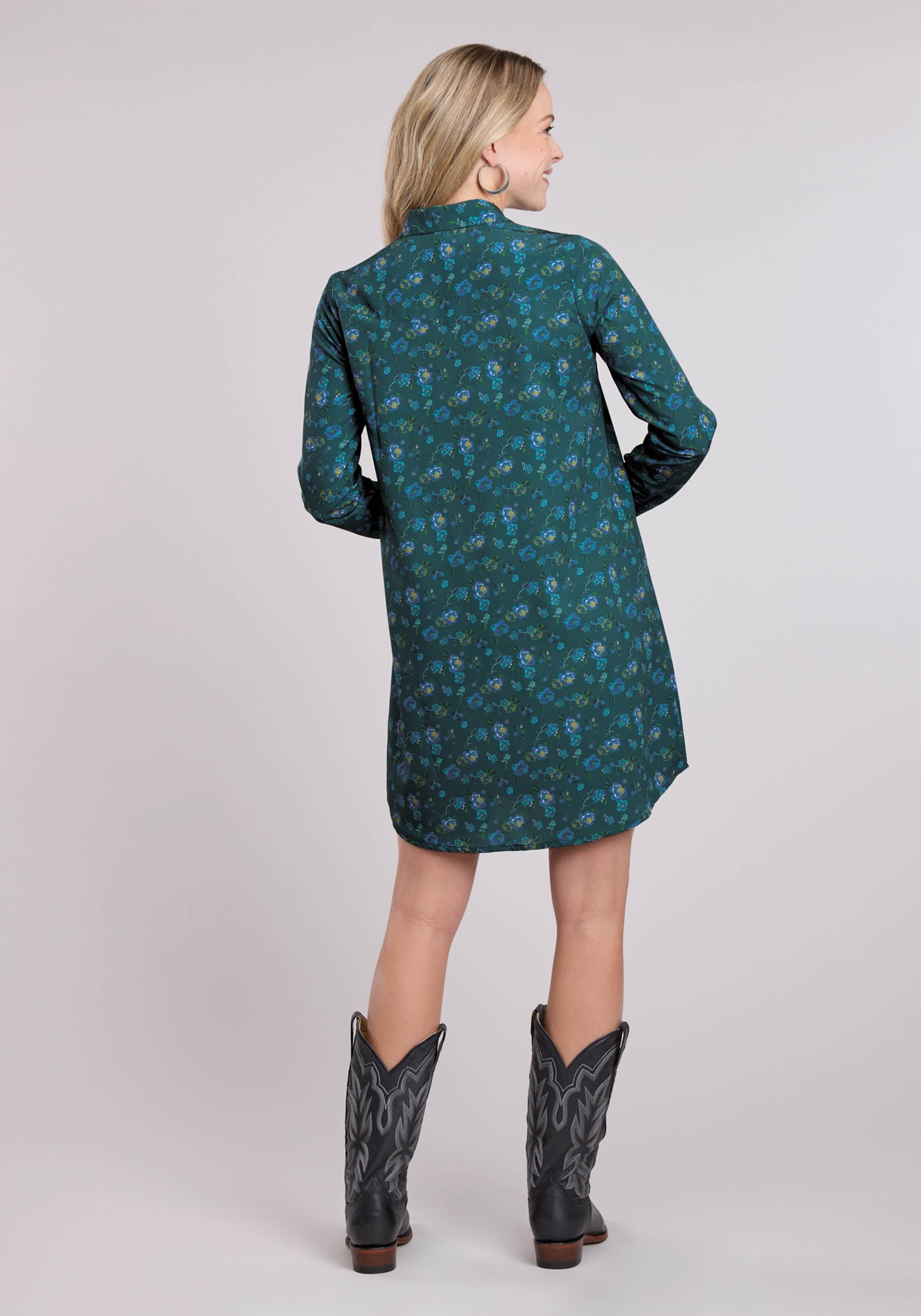 Roper Womens Long Sleeve Dress Button Poly Crepe Teal Faux Embroidered Print West