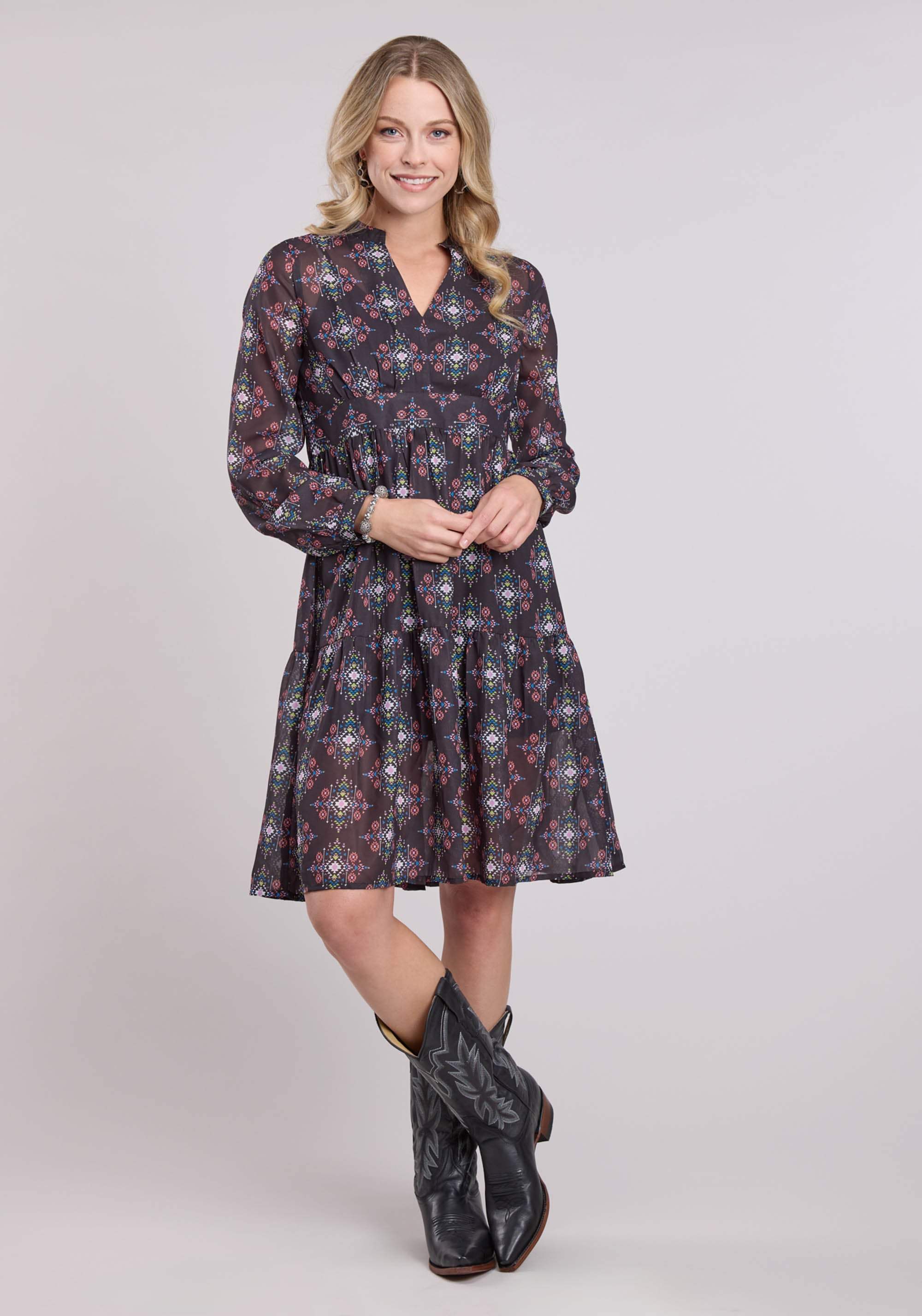 Roper Womens Long Sleeve Dress Pullover Poly Georgette Aztec Brights Western Dres - Roper - Flyclothing LLC