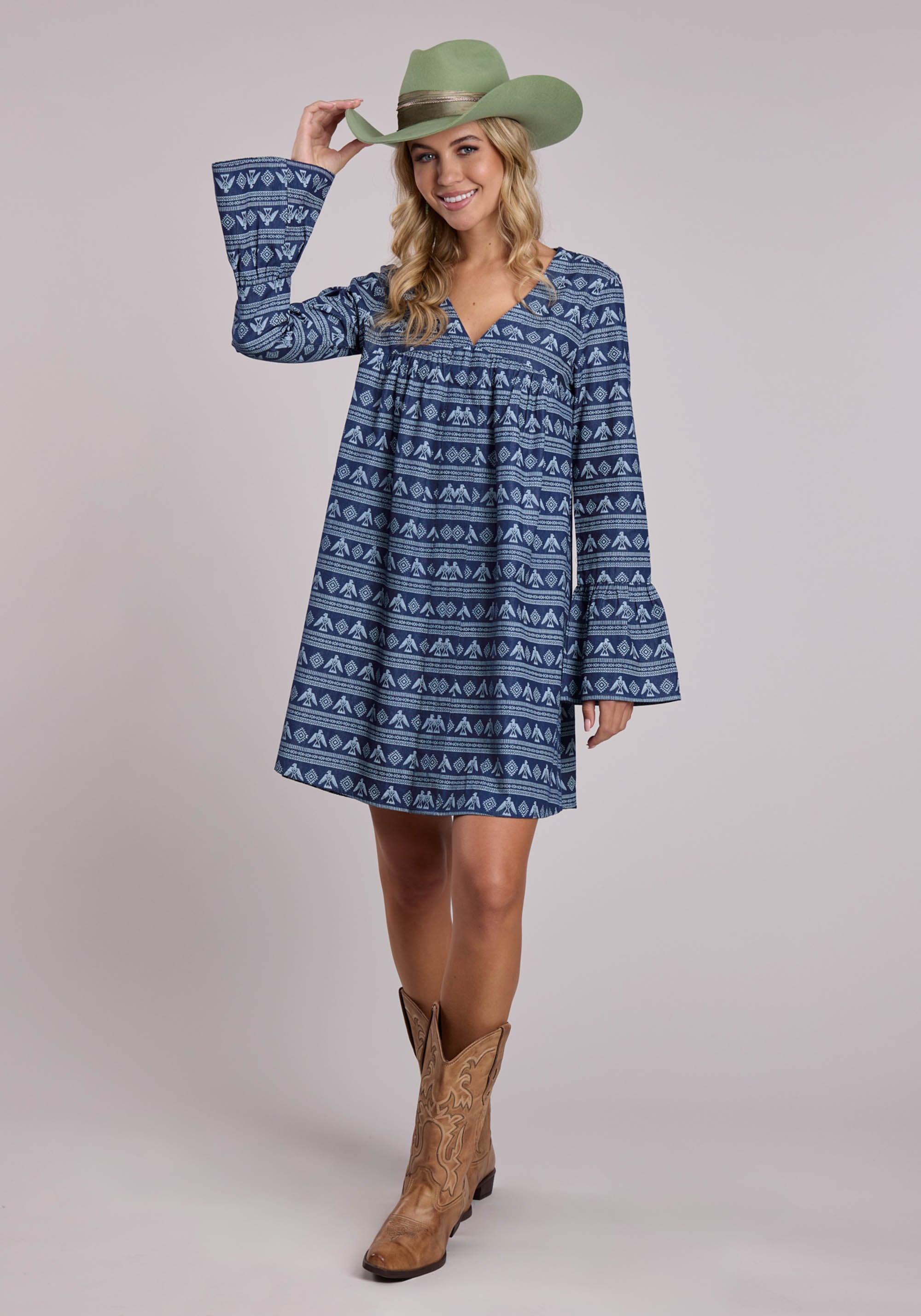 Womens Roper Printed Denim Knee Length Long Sleeve Dress