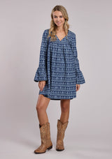 Womens Roper Printed Denim Knee Length Long Sleeve Dress