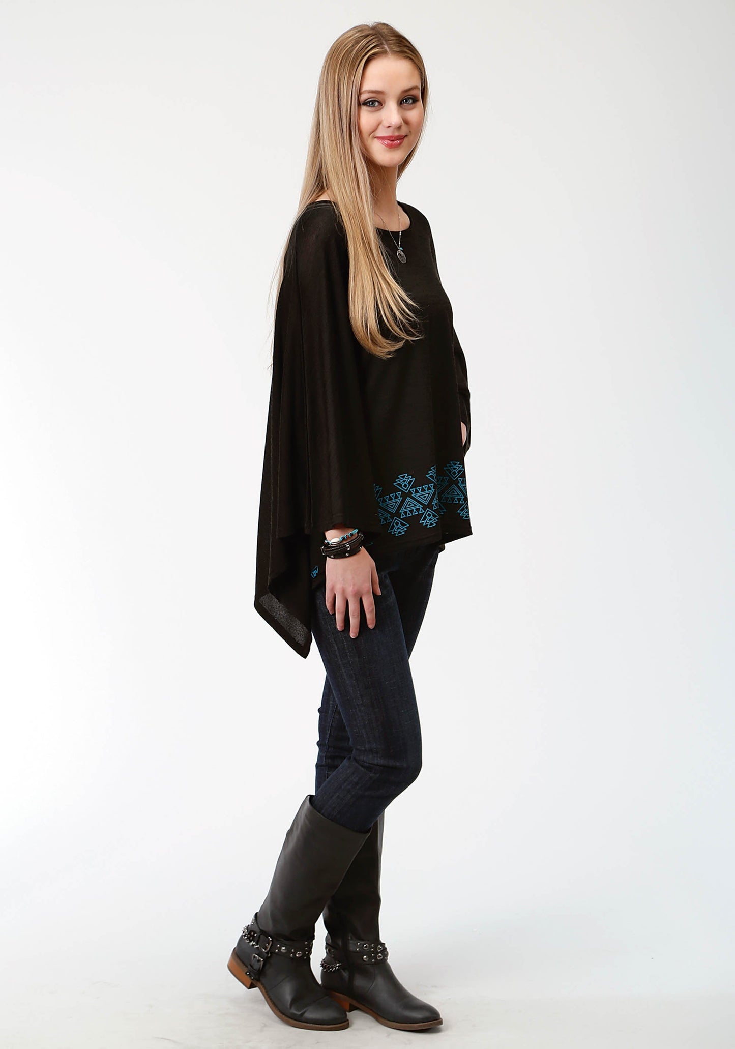 Roper Womens Black And Turquoise Sweater Knit Poncho