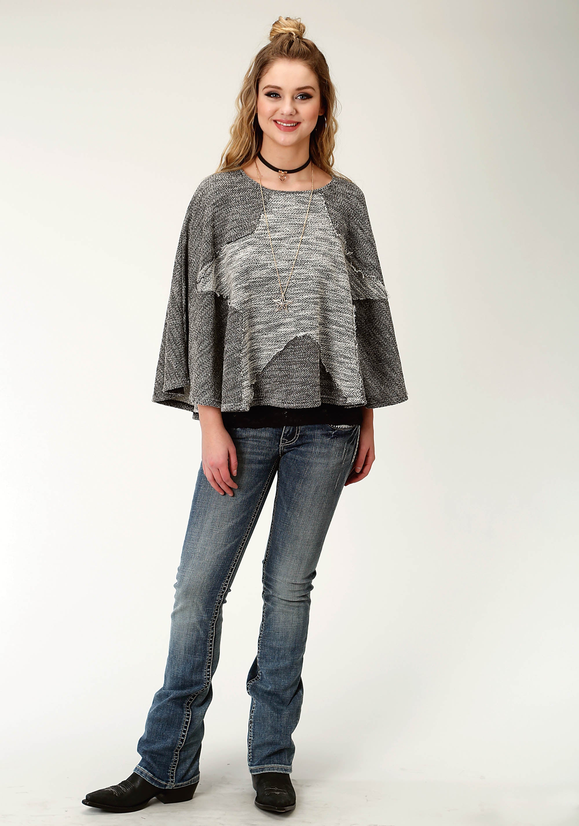 Roper Womens Grey Solid Knit Sweater Poncho