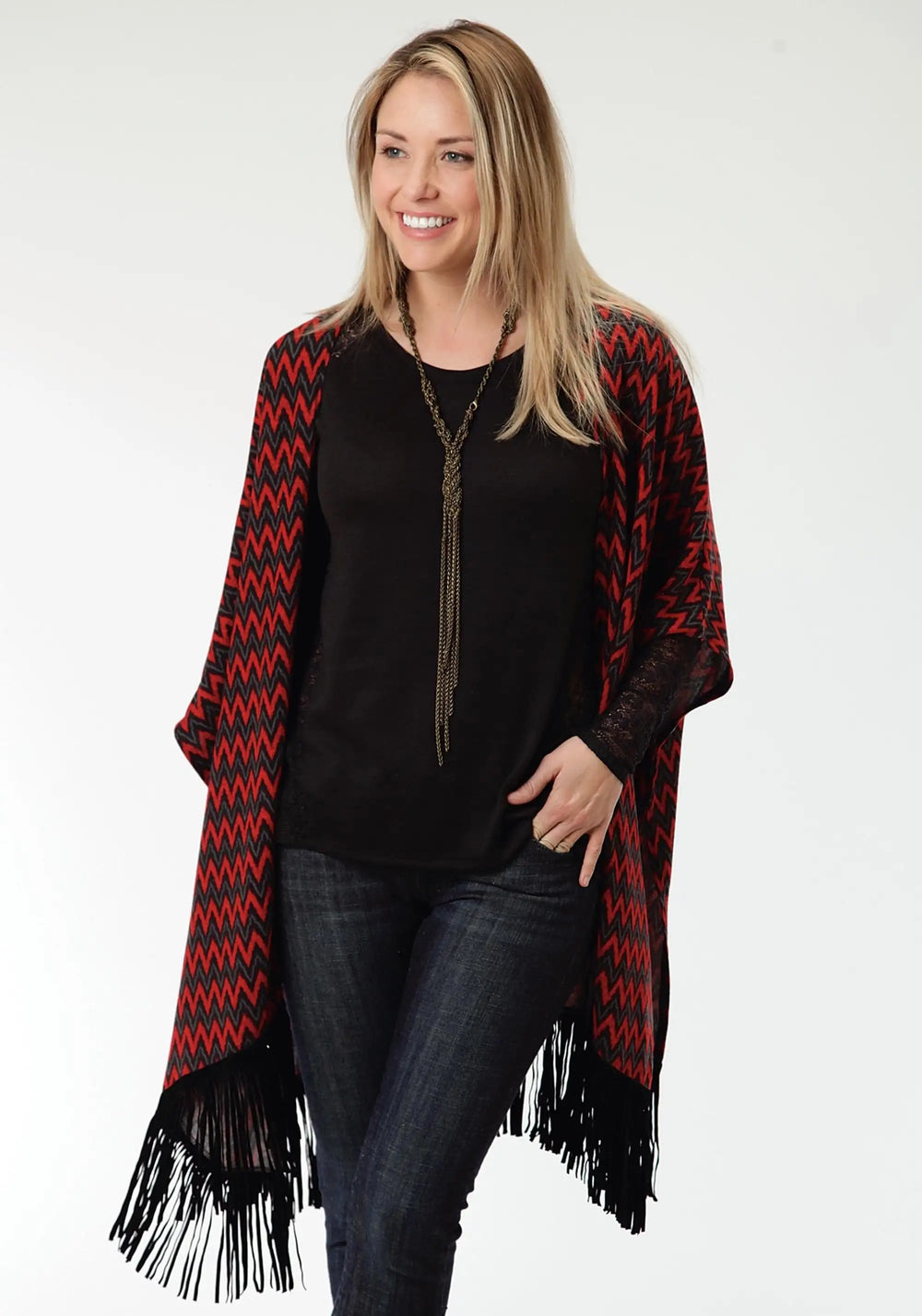 Roper Womens Red And Blue Chevron Print Poncho - Roper