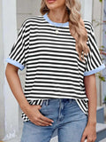Striped Round Neck Half Sleeve T-Shirt - Trendsi - Flyclothing LLC