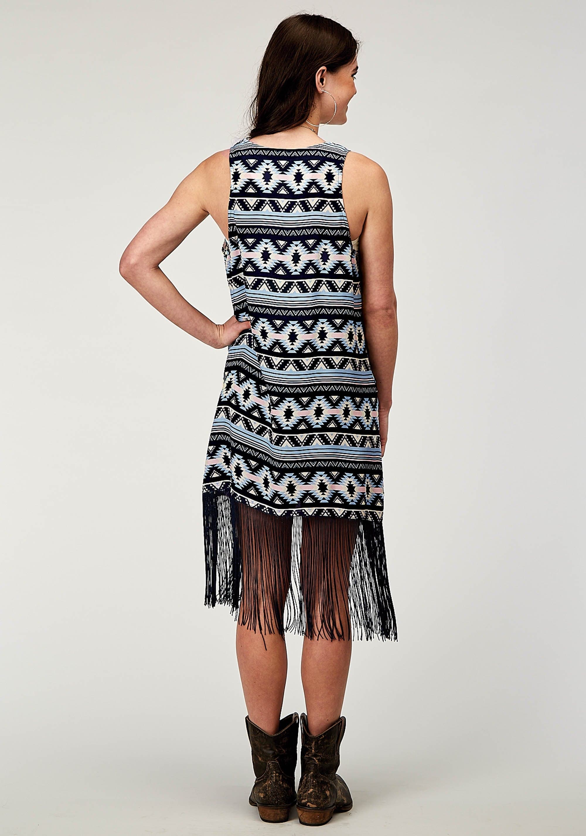 Roper Womens Navy Aztec Printed Rayon Vest With Racer Back Cardigan Long Fringe Trim - Roper