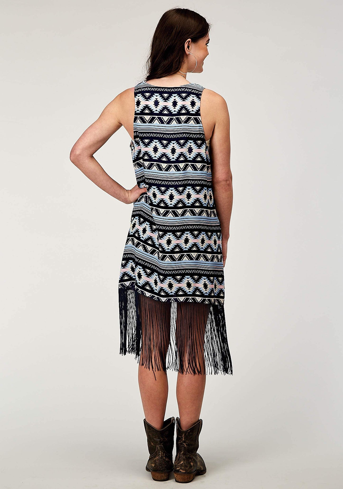 Roper Womens Navy Aztec Printed Rayon Vest With Racer Back Cardigan Long Fringe Trim - Roper - Flyclothing LLC