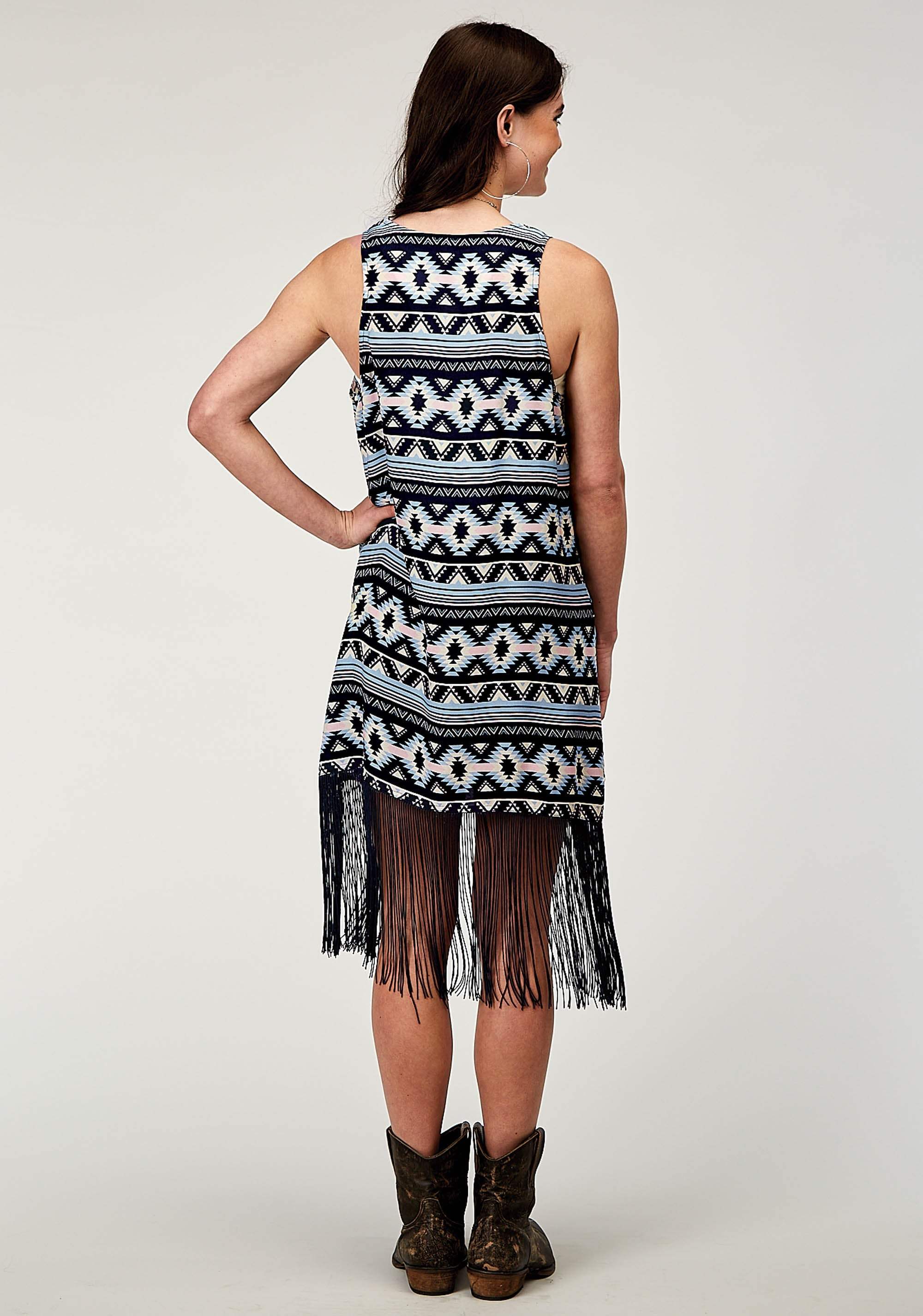 Roper Womens Navy Aztec Printed Rayon Vest With Racer Back Cardigan Long Fringe Trim - Roper - Flyclothing LLC