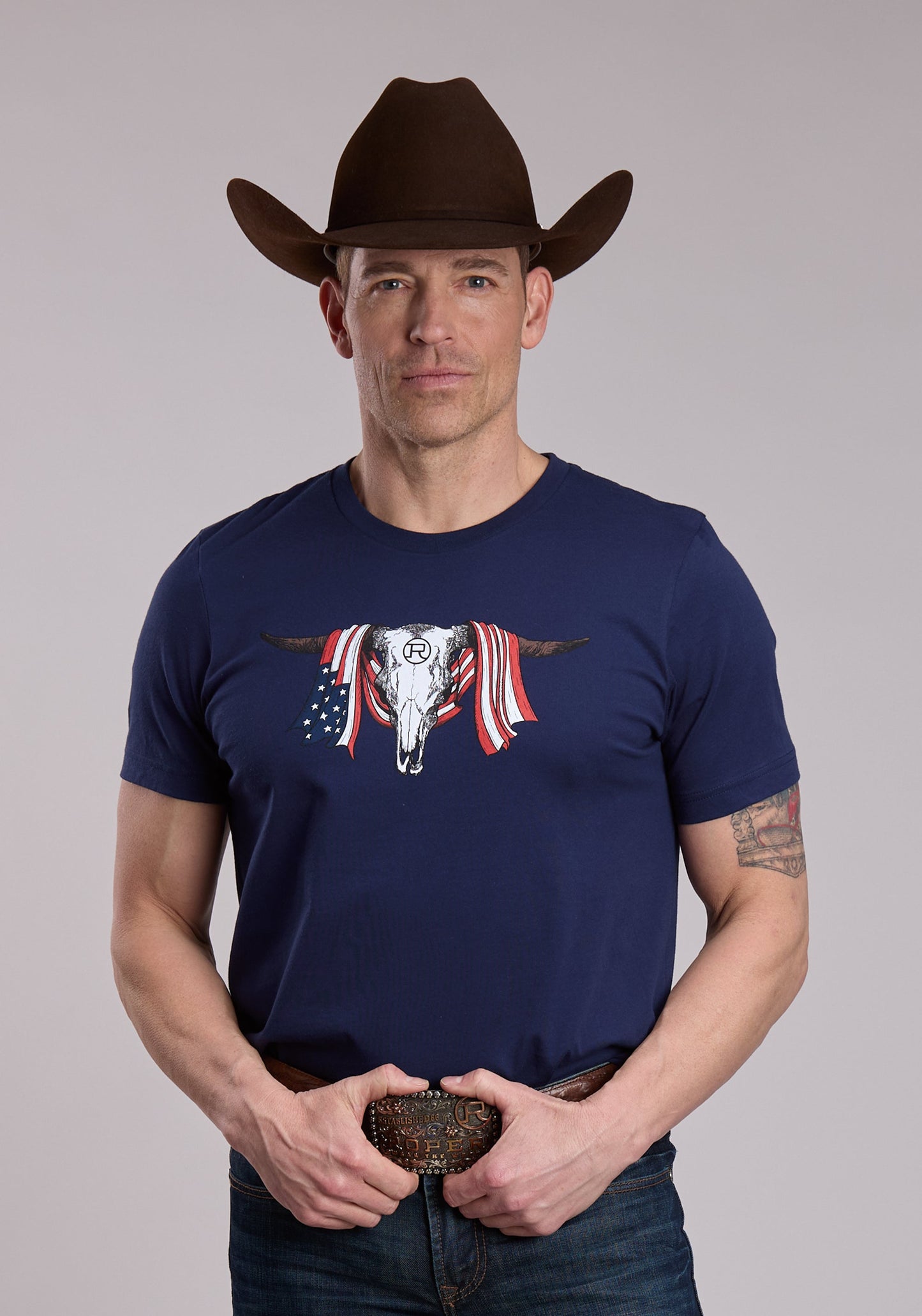 Unisex Roper Longhorn Skull W/American Flag Tee