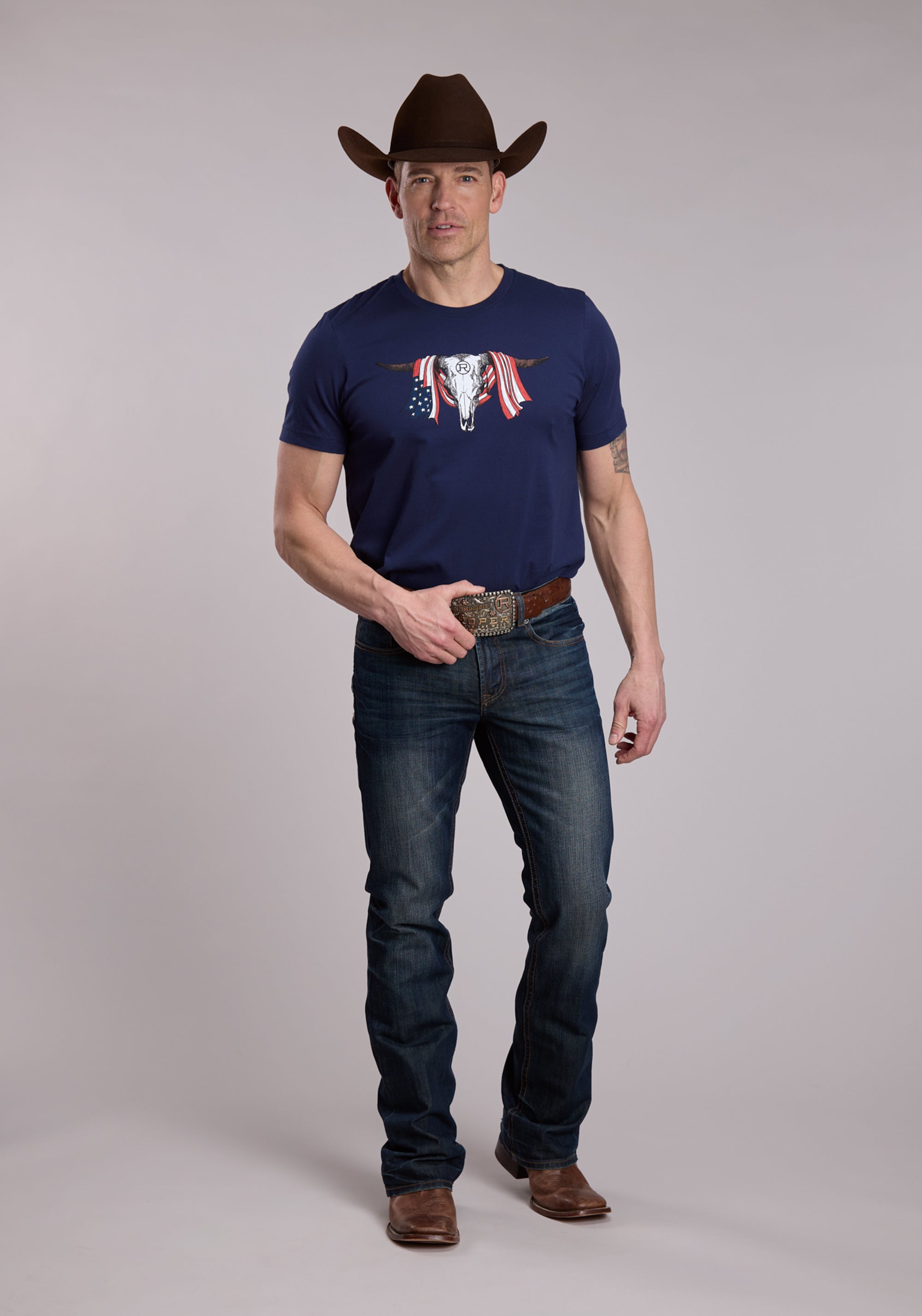 Unisex Roper Longhorn Skull W/American Flag Tee