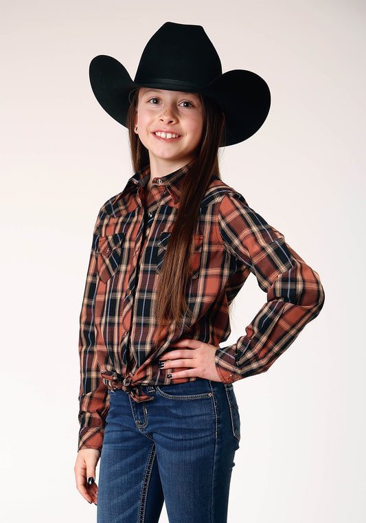 Roper Girls Long Sleeve Snap Arrow Dobby Plaid Western Shirt - Roper