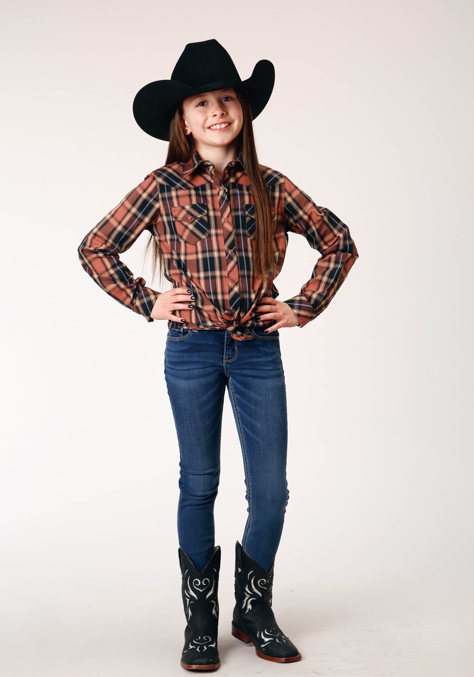 Roper Girls Long Sleeve Snap Arrow Dobby Plaid Western Shirt - Roper