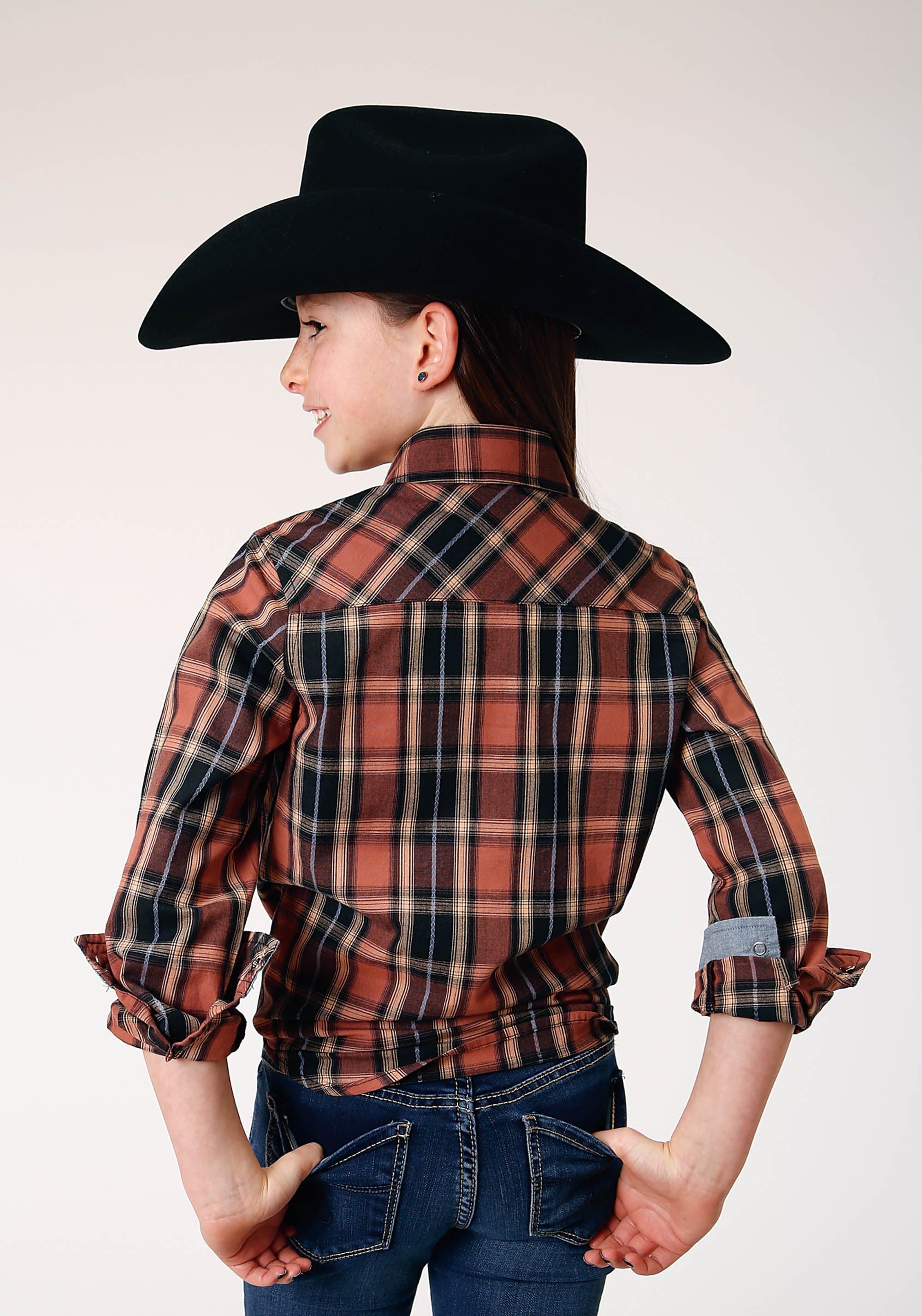 Roper Girls Long Sleeve Snap Arrow Dobby Plaid Western Shirt - Roper